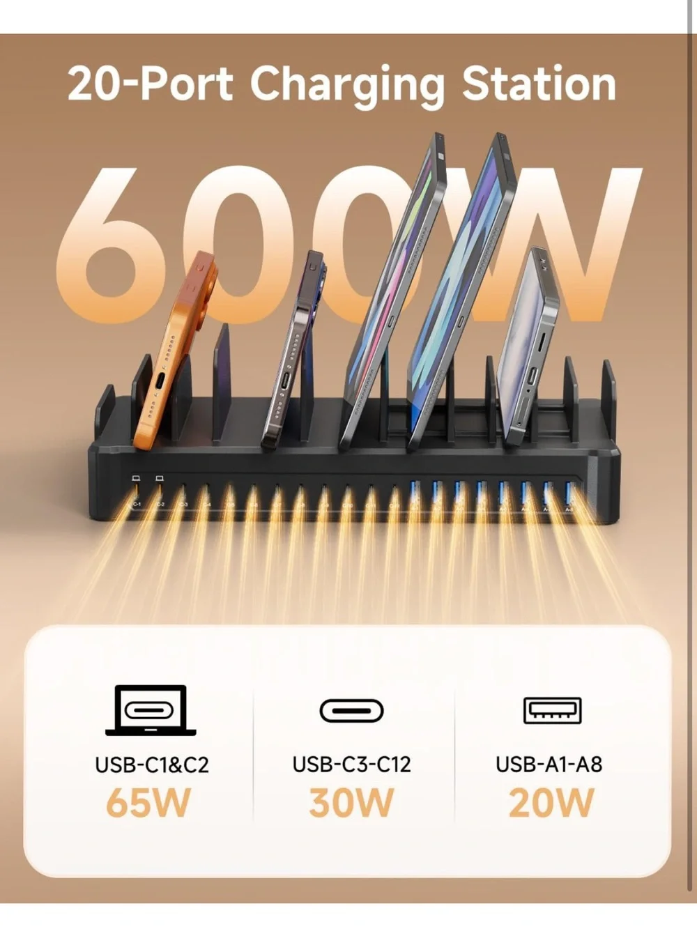 20- Port 600W USB Charging Station for multiple devices dual 65W multi-device